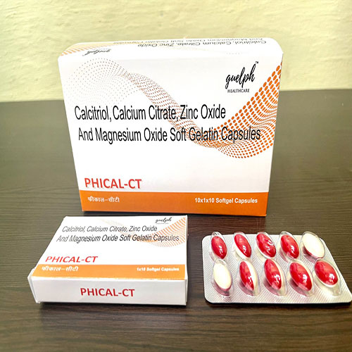 Product Name: PHICAL CT, Compositions of PHICAL CT are Calcitriol,Calcium Citrate Zinc Oxide And Megnesium Oxide - Guelph Healthcare Pvt. Ltd