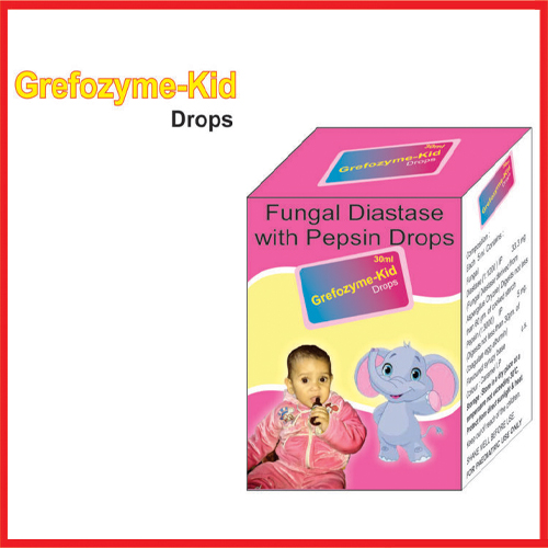 Product Name: Grefozyme Kid, Compositions of Grefozyme Kid are Fungal Diastase with Pepsin Drops  - Greef Formulations
