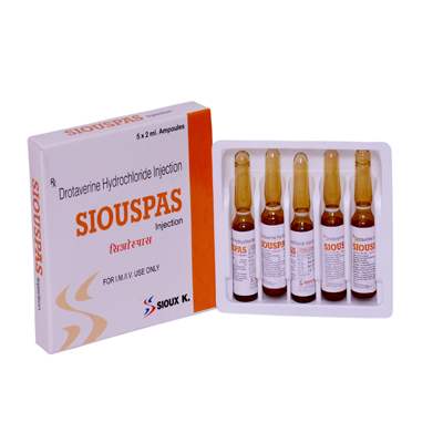 Product Name: SIOUSPAS, Compositions of SIOUSPAS are Drotaverin Hydrochloride injection - ISKON REMEDIES