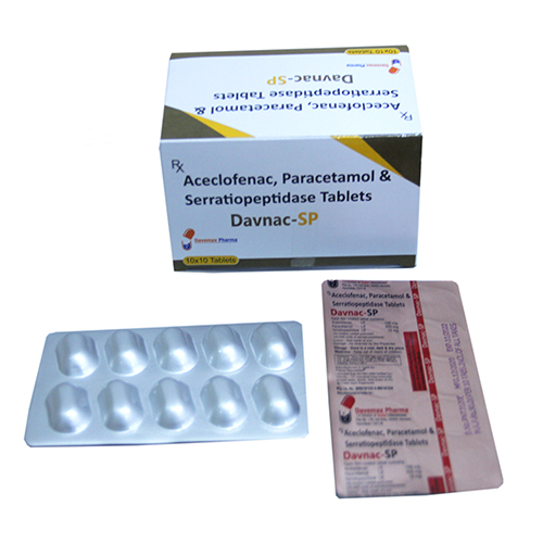 Product Name: Davnac SP, Compositions of Davnac SP are Aceclofenac, Paracetamol & Serratiopeptidase Tablets - Davemax Pharma