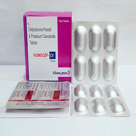 Product Name: Homocef Cv, Compositions of Homocef Cv are Cedoxine Proxetil & Potassium  Clavulanate Tablets - Abigail Healthcare
