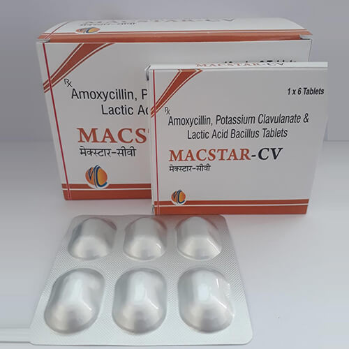 Product Name: Macstar CV, Compositions of Macstar CV are Amoxycillin,Potassium Clavulanate & Lactic Acid Bacillus Tablets - Macro Labs Pvt Ltd