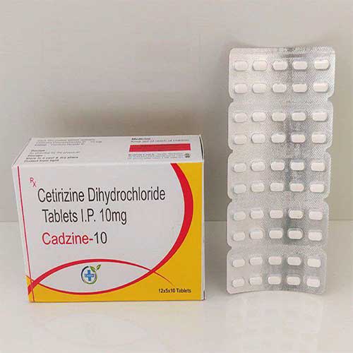 Product Name: Cadzine 10, Compositions of Cadzine 10 are Cetirizine Diydrochloride Tablets IP 10 mg - Caddix Healthcare
