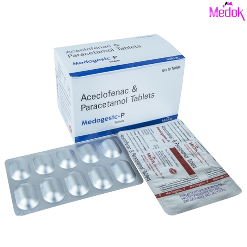 Product Name: Medogesic P , Compositions of Medogesic P  are Aceclofenac 100 mg, Paracetamol 325 mg - Medok Life Sciences Pvt. Ltd