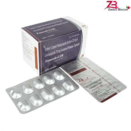 Product Name: Zumrab LSR, Compositions of Entric-Coated Rabeprazole Sulbactum 21 mg & Levosulpiride Demperidone-Sustained Release Capsules are Entric-Coated Rabeprazole Sulbactum 21 mg & Levosulpiride Demperidone-Sustained Release Capsules - Zumax Biocare