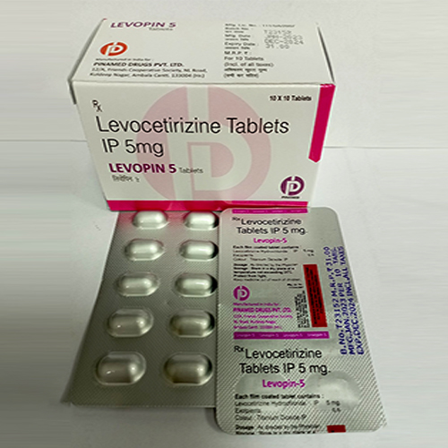 Product Name: Levopin 5, Compositions of Levopin 5 are Levocetirizine Tablets IP - Pinamed Drugs Private Limited