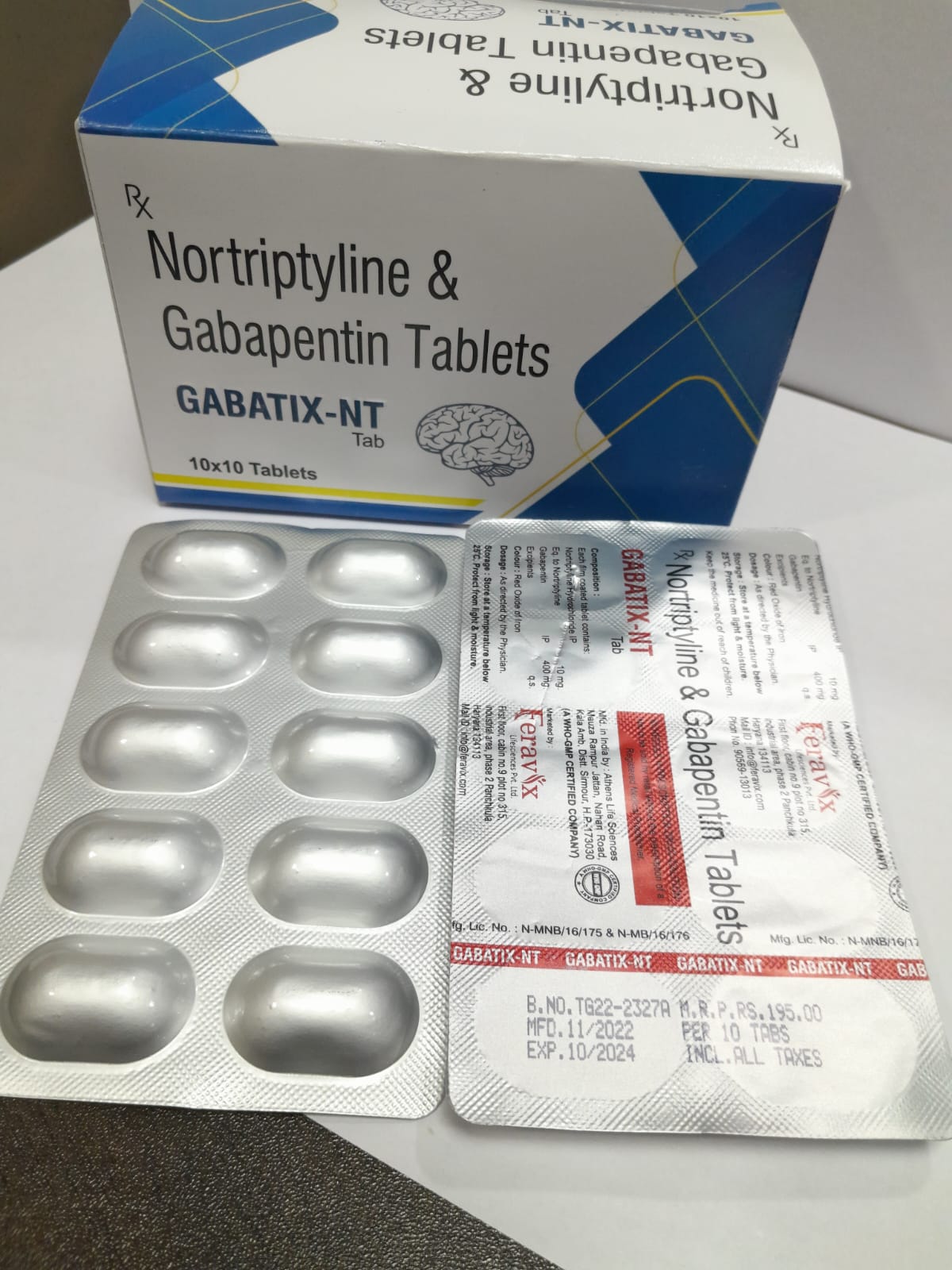 Product Name: GABATIX NT Capsules, Compositions of GABATIX NT Capsules are ACH FILM COATED TABLET CONTAINS: NORTRIPTYLINE HYDROCHLORIDE EQ. TO NORTRIPTYLINE IP 10 MG, GABAPENTIN IP 400 MG - Feravix Lifesciences