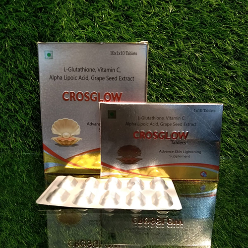 Product Name: Crossglow, Compositions of Crossglow are L-Glutathione,Vitamin C,Alpha Lipoic Acid,Grape Seed Extract - Crossford Healthcare