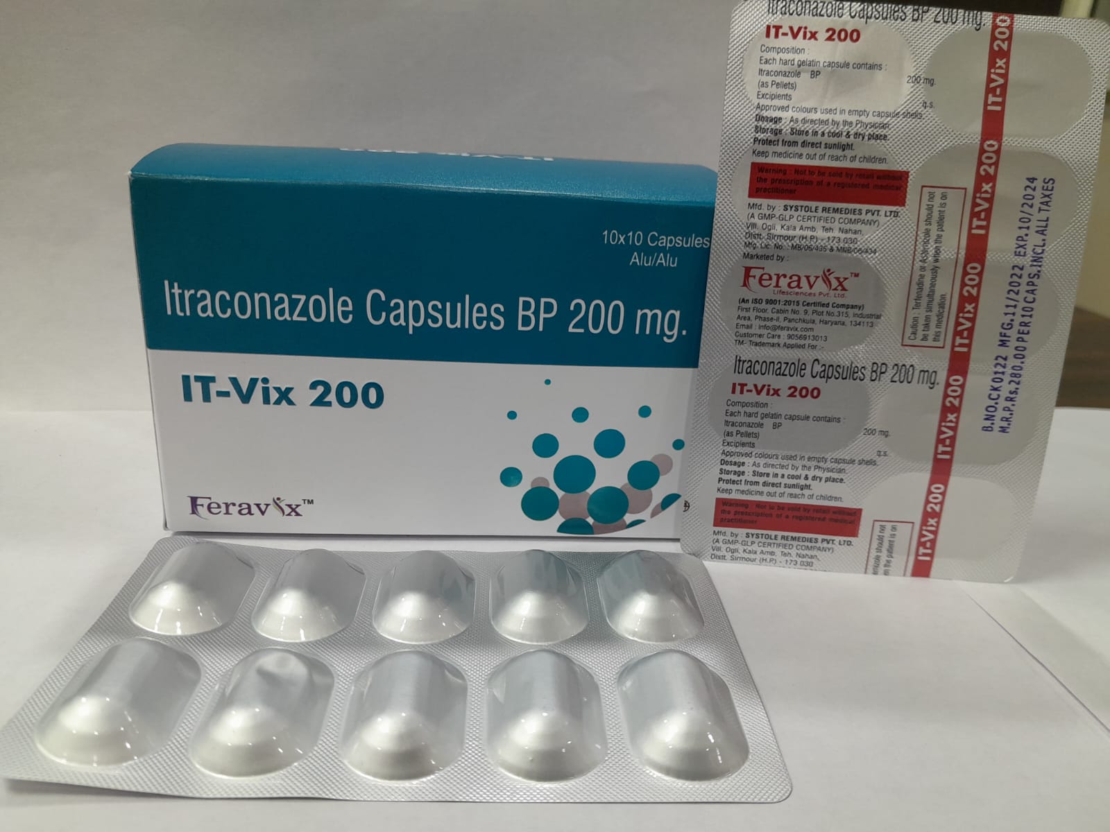 Product Name: IT VIX 200 Capsules, Compositions of IT VIX 200 Capsules are ITRACONAZOLE 200MG - Feravix Lifesciences