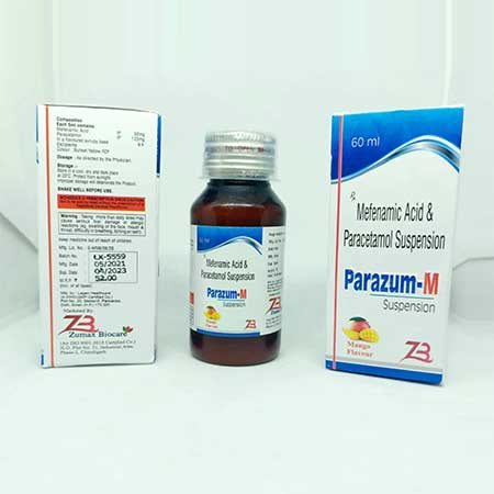 Product Name: Parazum M, Compositions of Parazum M are Mefenamic Acid & Paracetamol Suspension - Zumax Biocare