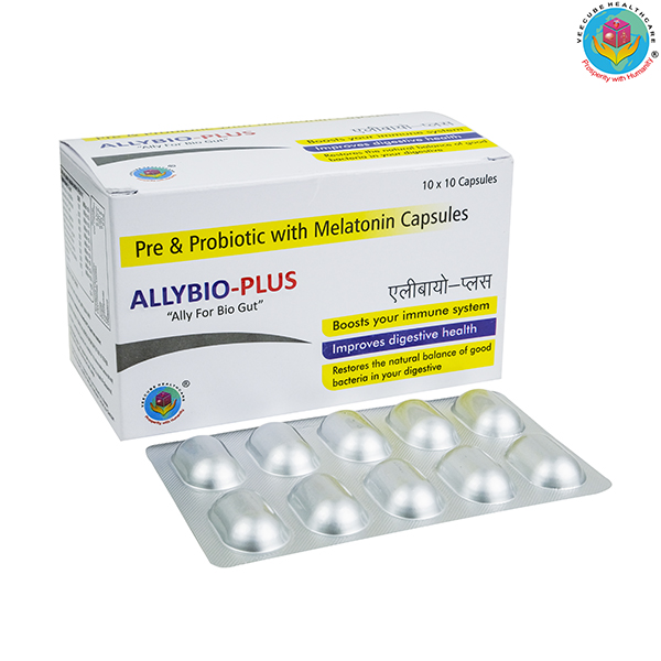 Product Name: ALLYBIO PLUS, Compositions of ALLYBIO PLUS are Pre & Probiotic with Melatonin Capsules - Veecube Healthcare Private Limited