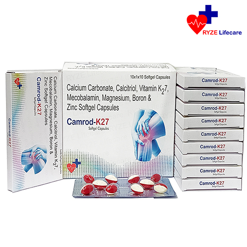 Product Name: Camrod K27 , Compositions of Camrod K27  are Calcium Carbonate, Calcitriol , Vitamin K27,Mecobalamin ,  Magnesium , Boron & Zinc Softgel Capsules.  - Ryze Lifecare