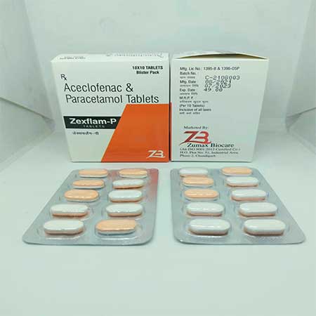 Product Name: Zexflam P, Compositions of Zexflam P are Aceclofenac & Paracetamol Tablets - Zumax Biocare