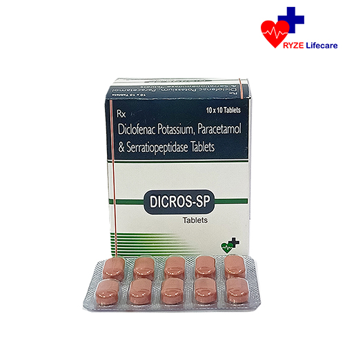 Product Name: DICROS SP, Compositions of DICROS SP are Diclofenac, Paracetamol & Serratiopeptidase Tablets.  - Ryze Lifecare