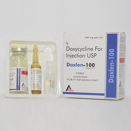 Product Name: DAXLEN 100, Compositions of DAXLEN 100 are Doxycycline For Injection USP - Alencure Biotech Pvt Ltd