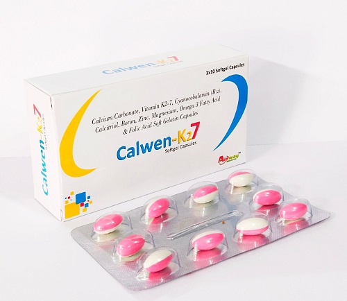 Product Name: Calwen K27, Compositions of Calwen K27 are Calcium Carbonate,Vitamin K27,Cyanocobalamin,Calcitrol,Boron,Zinc,Magnesium,Omega 3 Fatty Acid  & Folic Acid Softgel Capsules - Aidway Biotech