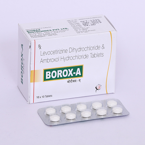 Product Name: BOROX A, Compositions of BOROX A are Levocetrizine Dihydrochloride  & Ambroxol Hyfrochloride Tablets - Biomax Biotechnics Pvt. Ltd