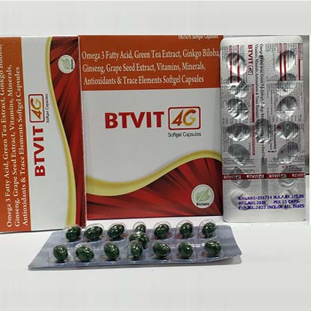 Product Name: Btvit 4G, Compositions of Btvit 4G are Omega-3 Fatty Acid,Green Tea Extract,Gingko,Biloba,Ginseng,Grape Seed Extract,Vitamins,Minerals,Antioxidants & Trace Elements Softgel Capsules - Biotanic Pharmaceuticals