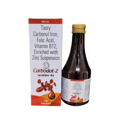 Product Name: Carbodol Z, Compositions of Carbodol Z are Tasty Carbonyl Iron, Folic Acid, Vitamin B12, Enriched with Zinc Suspension - Dolchem Pharmaceuticals Private Limited