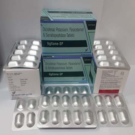 Product Name: Ngflame S, Compositions of Ngflame S are Diclofenac Potassium Paracetamol & Serratiopeptiside Tablets - NG Healthcare Pvt Ltd