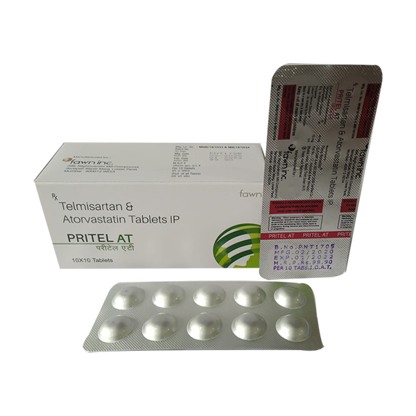 Product Name: PRITEL AT, Compositions of PRITEL AT are Telmisartan & Atorvastatin (40mg+10mg) - Fawn Incorporation