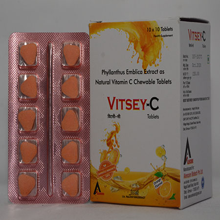 Product Name: VITSEY C, Compositions of VITSEY C are Phyllanthus Emvlica Extract as Natural Vitamin C Chewable Tablets - Alencure Biotech Pvt Ltd