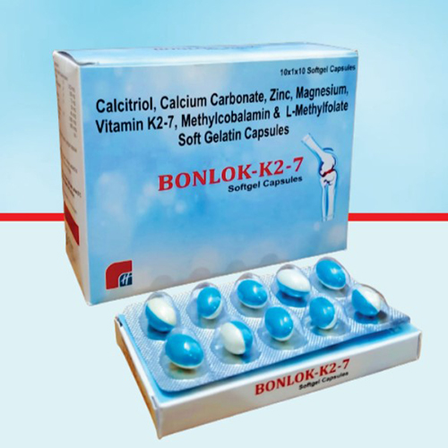 Product Name: BONLOK K2 7, Compositions of BONLOK K2 7 are Cacitriol, Calcium Carbonate, Zinc, Magnesium, Vitamin K2-7 &, Methylcobalamin & L-MethylFolate Soft Gelatin Capsules - Healthkey Life Science Private Limited