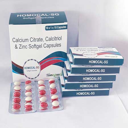 Product Name: Homocal Sg, Compositions of Homocal Sg are Calcium Citrate,Calcitriol & Zinc Softgel Capsules - Abigail Healthcare