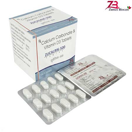 Product Name: Zucalrik 500, Compositions of Zucalrik 500 are Calcium Carbonate &  Vitamin D3 Tablets  - Zumax Biocare