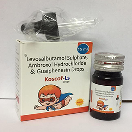 Product Name: KOSCOF LS, Compositions of KOSCOF LS are Levosalbutamol Sulphate, Ambroxol Hydrochloride & Guaiphensin Drops - Apikos Pharma
