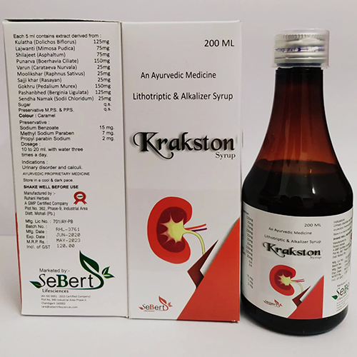 Product Name: Krakston, Compositions of Krakston are Lithotriptic & Alkalizer Syrup - Sebert Lifesciences