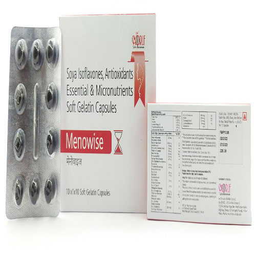 Product Name: Menowise, Compositions of Menowise are Soya Isoflavones,Antioxidants Essensial & Micronutrients Soft Gelatin Capsules - Arlak Biotech