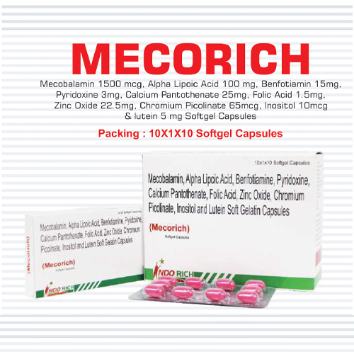 Product Name: Mecorich, Compositions of Mecorich are Mecobalamin,Alpha Lipoic Acid,Pyridoxine,Calcium Pantothenate,Folic Acid,Zinc Oxide,Chromium Picolinate,Inositol and Lutien Soft Gelatin Capsules - Pharma Drugs and Chemicals