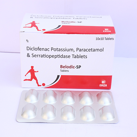 Product Name: Belodic SP, Compositions of Belodic SP are Diclofenac Potassium, Paracetamol & Serratiopeptidase Tablets - Eviza Biotech Pvt. Ltd