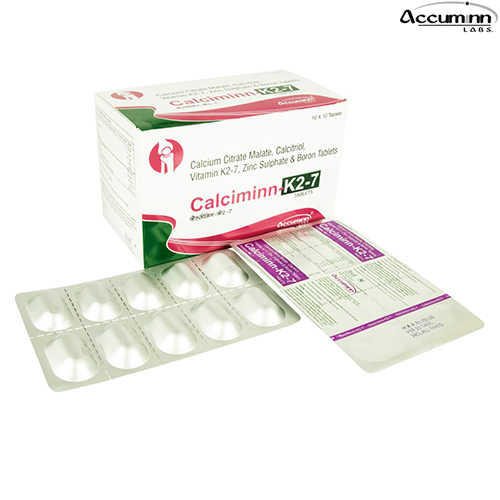 Product Name: Calcium K2 7, Compositions of Calcium K2 7 are Calcium Citrate Maleate Calcitriol VItamin K2 7, Zinc Sulphate & Boron Tablets - Accuminn Labs