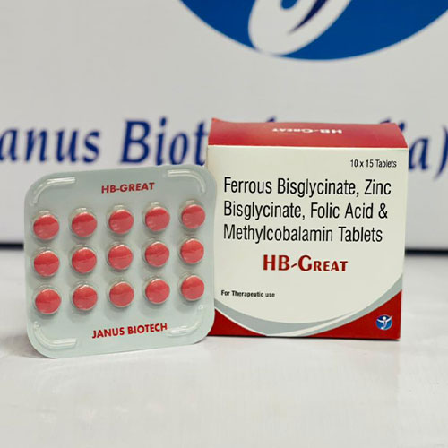 Product Name: HB GREAT, Compositions of HB GREAT are FERROUS BISGLYCINATE, ZINC FOLIC ACID METHYLCOBALAMIN - Janus Biotech