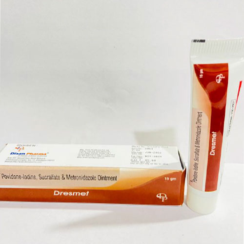 Product Name: Dresmet, Compositions of Dresmet are Povidone iodine, Sucralfate and metronidazole Ointment - Disan Pharma