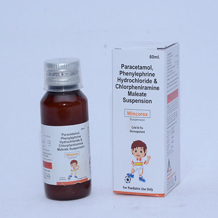 Product Name: WINCOREX, Compositions of WINCOREX are Paracetamol, Phenylphrine HCL, Chlorpheniramine Maleate Suspension - Alencure Biotech Pvt Ltd