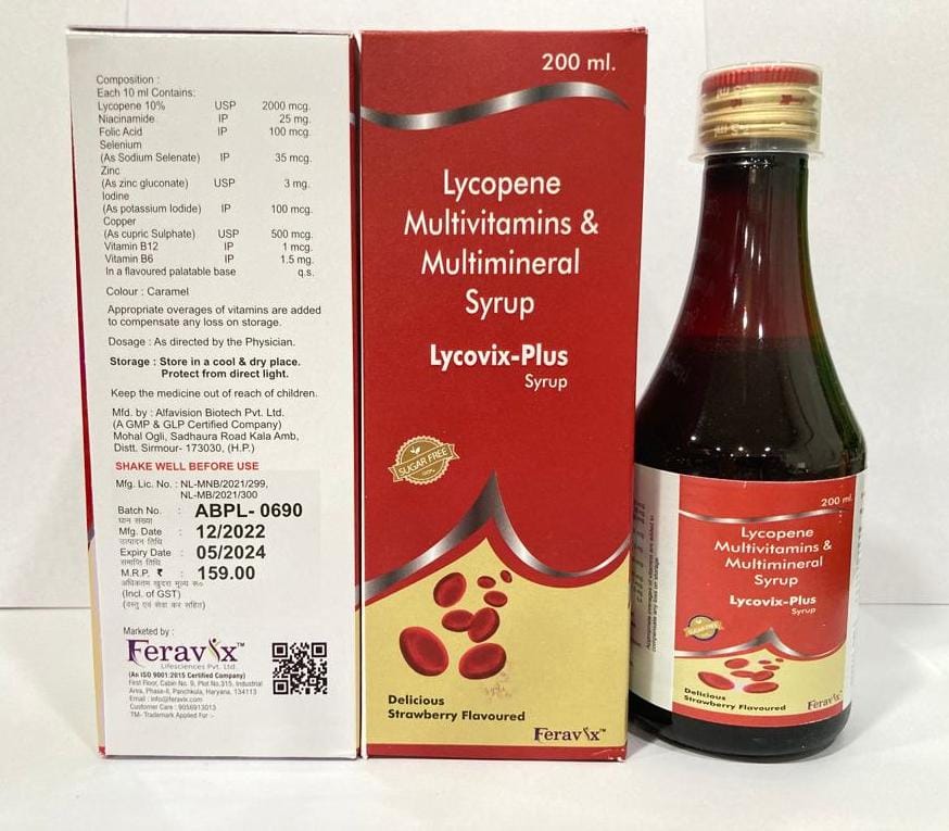 Product Name: Lycovix plus syrup, Compositions of Lycovix plus syrup are LYCOPENE MULTIVITAMIN, MINERALS WITH, ANTIOXIDANT - Feravix Lifesciences