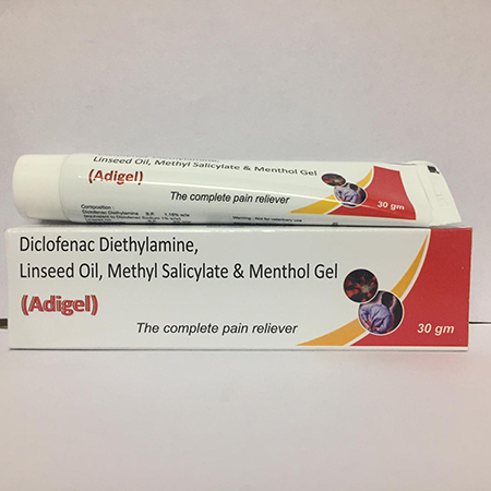 Product Name: ADIGEL, Compositions of ADIGEL are Diclofenac Dietylamine, Linseed Oil, Methyl Salicylate & Methol Gel - Apikos Pharma