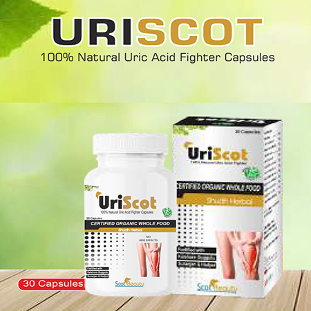 Product Name: Uriscot, Compositions of Uriscot are 100% Natural  Uric Acid Fighter Capsules - Scothuman Lifesciences
