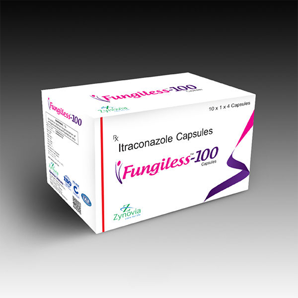 Product Name: Fungiless 100, Compositions of Fungiless 100 are Itraconazole capsules - Zynovia Lifecare