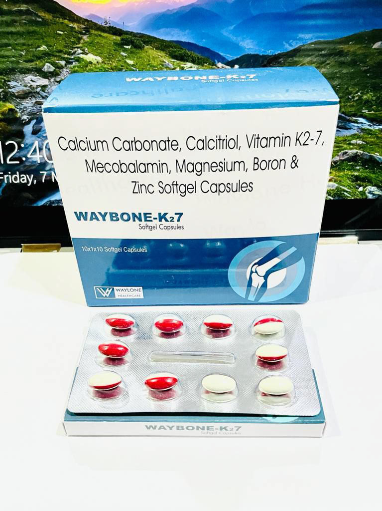 Product Name: Waybone K27, Compositions of Waybone K27 are Calcium Carbonat, Calcitriol, Vitamin K2-7, Mecobalamin, Magnessium, Boron & Zinc - Waylone Healthcare