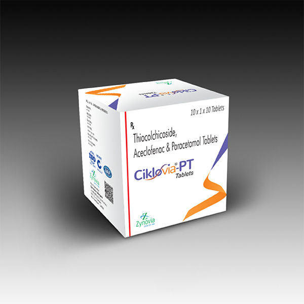 Product Name: Ciklovia PT, Compositions of Ciklovia PT are Thiocolchicoside Aceclofenac & Paracetamol Tablets - Zynovia Lifecare