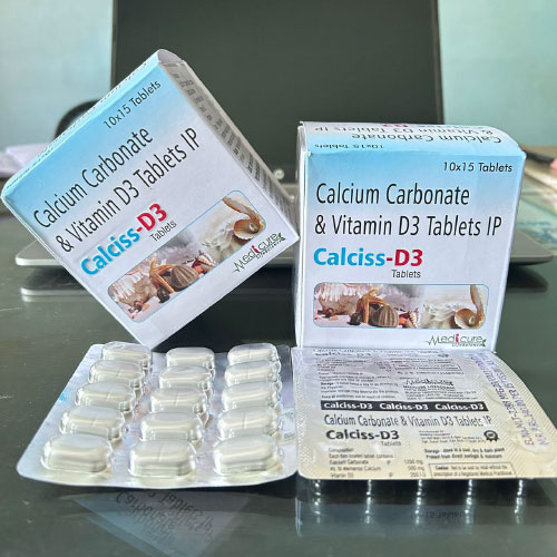 Product Name: CALCISS D3, Compositions of CALCISS D3 are Calcium Carbonate & vitamin D3 TabletsIP - Medicure LifeSciences