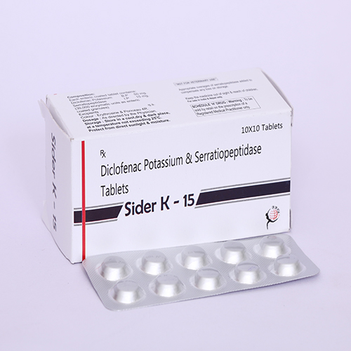 Product Name: SIDER K 15, Compositions of SIDER K 15 are Diclofenac Potassium & Serratiopeptidase Tablets - Biomax Biotechnics Pvt. Ltd
