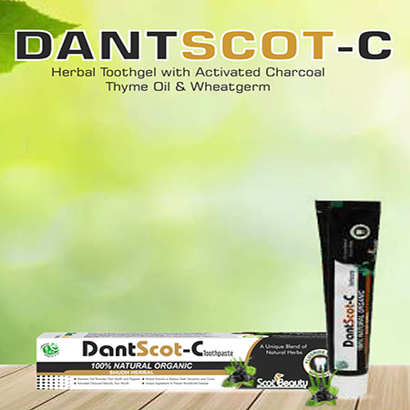 Product Name: Dantscot c, Compositions of Dantscot c are Herbal Toothgel withActivated Charcoal Thyme Oil & Wheatgerm - Scothuman Lifesciences