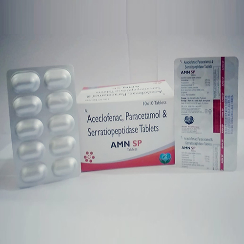 Product Name: Amn SP, Compositions of Amn SP are Aceclofenac, Paracetamol & Serratiopeptidase Tablets - Aman Healthcare