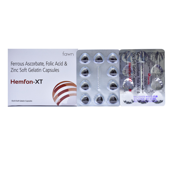 Product Name: HEMFON XT, Compositions of HEMFON XT are Ferrous Ascorbate 100mg + Folic Acid 1.5mg + Zinc 7.5mg - Fawn Incorporation