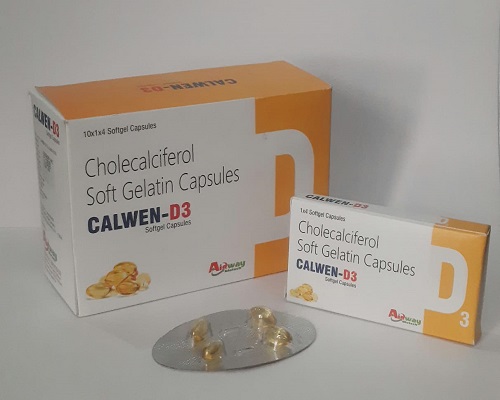 Product Name: Calwen D3, Compositions of Calwen D3 are Cholecalciferol Soft Gelatin Capsules - Aidway Biotech